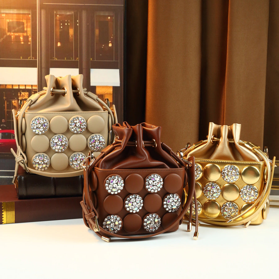 Rhinestone Button Cylinder Bag for Women Handmade Embellished Drawstring Shoulder Crossbody Purse, Unique Sparkling Design with Personality Style