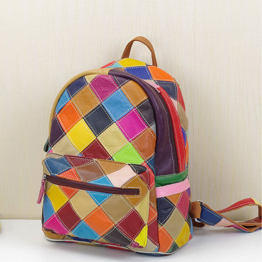 Genuine Top Layer Cowhide Colorful Color Block Backpack for Women, New Arrival Handmade Casual Travel Daypack, Designer Leather Bag for Ladies