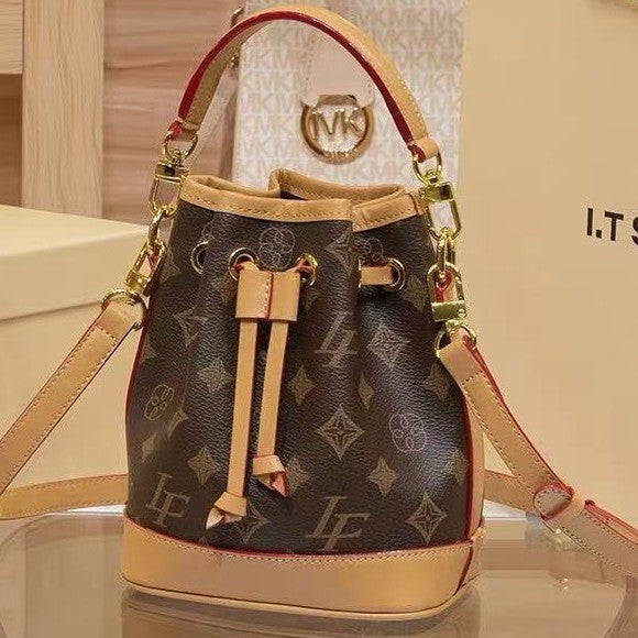 Genuine Leather Korean Style Printed Bucket Bag for Women, New Elegant Light Luxury Shoulder Crossbody Purse, Versatile Everyday Handbag for Ladies
