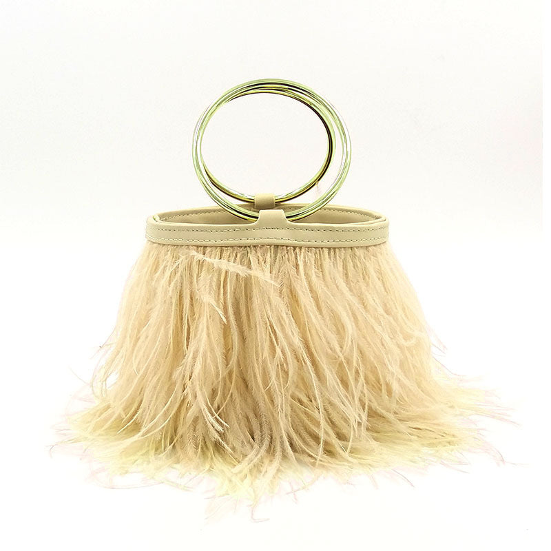 Genuine Leather Ring Chain Ostrich Feather Tassel Bag for Women, Shiling Fashion Brand Shoulder Crossbody Top Handle Purse, Runway Style Versatile Handbag for Ladies