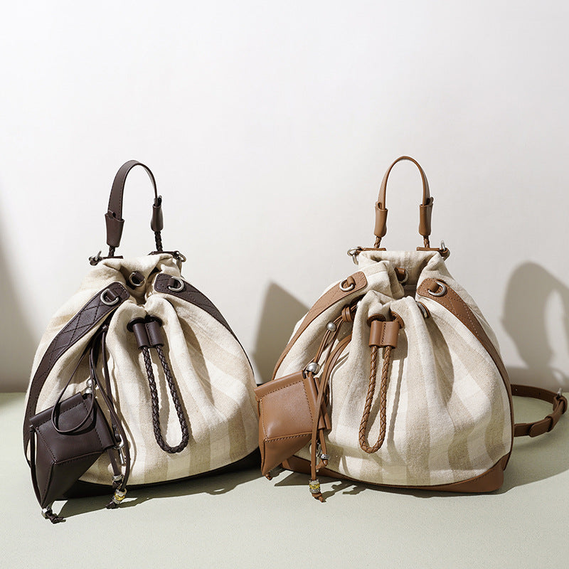 New Niche Drawstring Backpack in Linen & Leather, Large Capacity Commute Travel Daypack, Lightweight Casual Bag for Women