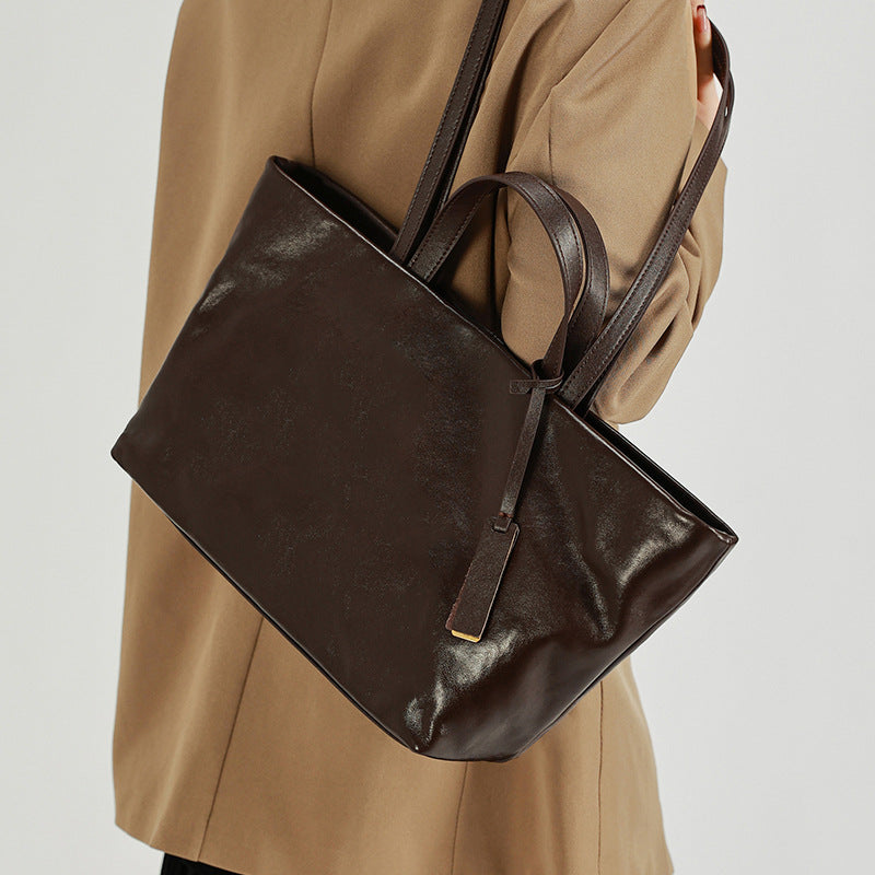 French Vintage Genuine Leather Tote Bag for Women Commuter Shoulder Handbag, Trendy Versatile Purse with Timeless Parisian Elegance