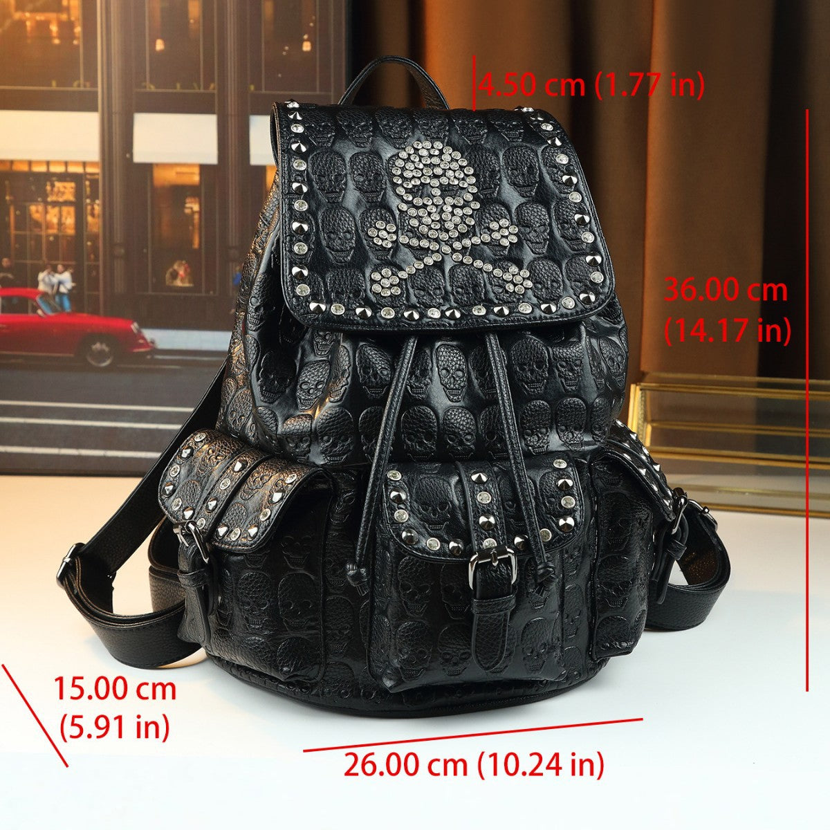 Halloween Skull Backpack for Men Women Rhinestone Studded Large Capacity Daypack, Gothic Punk Travel Backpack with Sparkling Crystal Embellishments