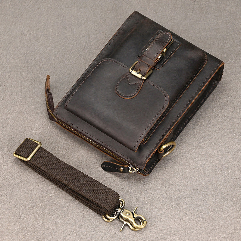 Crazy Horse Leather Small Phone Crossbody Shoulder Bag, Square Travel Sling Pouch with Belt Waist Pack for Men