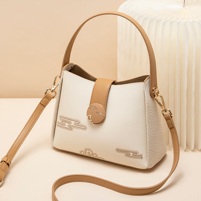 Women's Genuine Leather Small Bucket Cross-Body Shoulder Bag, New Top-Handle Handbag with Color-Block Embossed Pattern, Versatile Everyday Purse for Work, Travel & Casual Outings