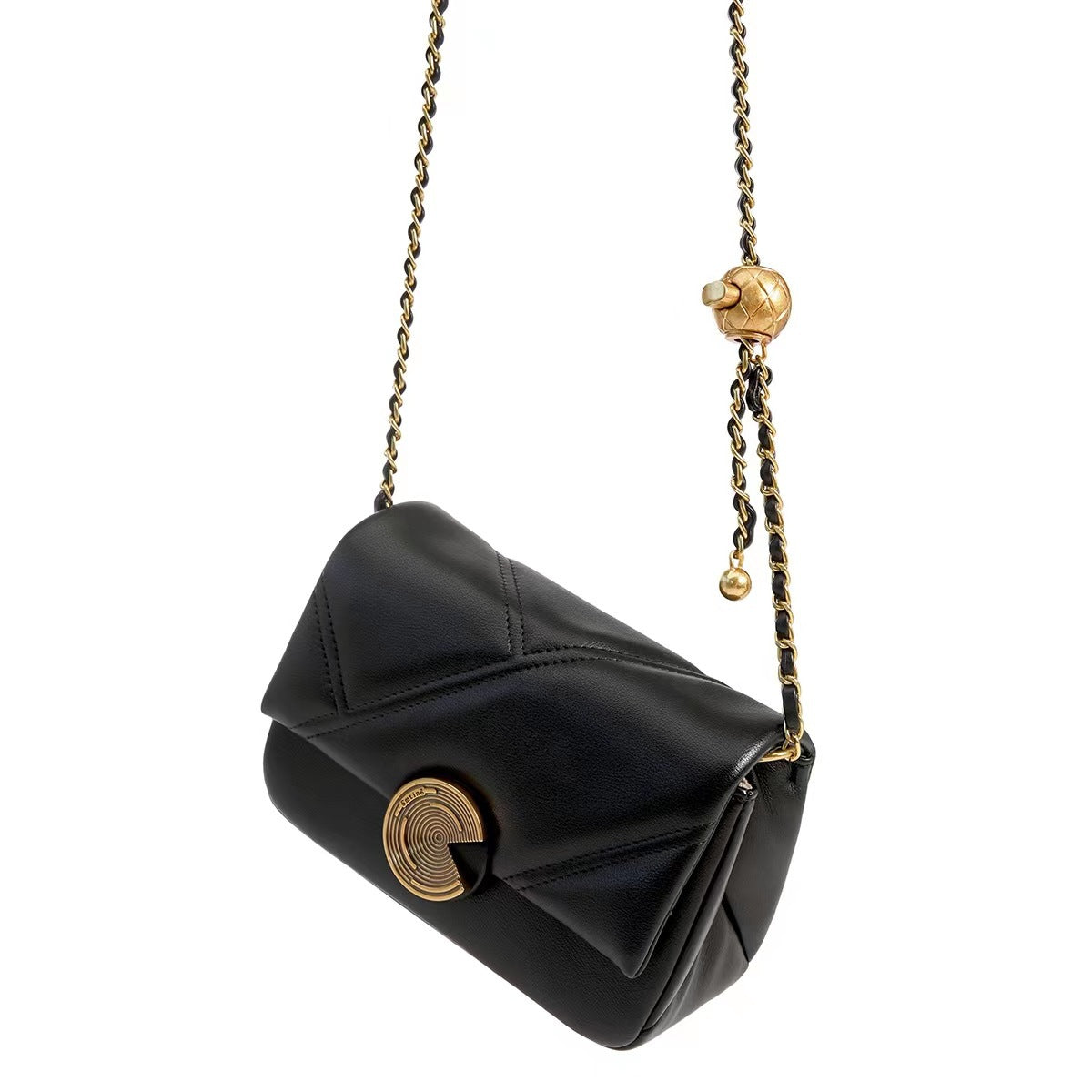 Genuine Cowhide Quilted Gold Ball Chain Small Square Bag for Women, New Light Luxury Vintage Office Shoulder Crossbody Purse, Trendy Handbag for Ladies