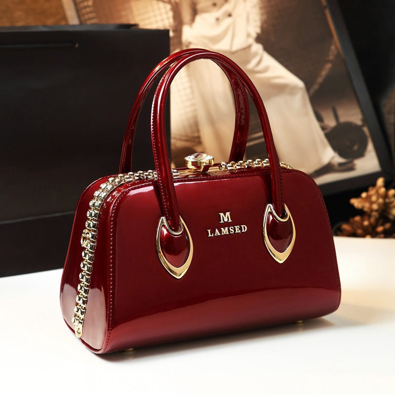 Women's Patent Leather Handbag Shiny Shoulder Crossbody Bag for Middle-Aged Ladies Fashion Mom Purse Light Luxury Top Handle Clasp Bag