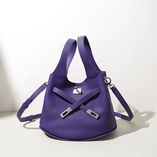 Spring Summer Premium Niche Cowhide Basket Bag, Crossbody Shoulder Top Handle Purse, Genuine Leather Bucket Handbag for Women