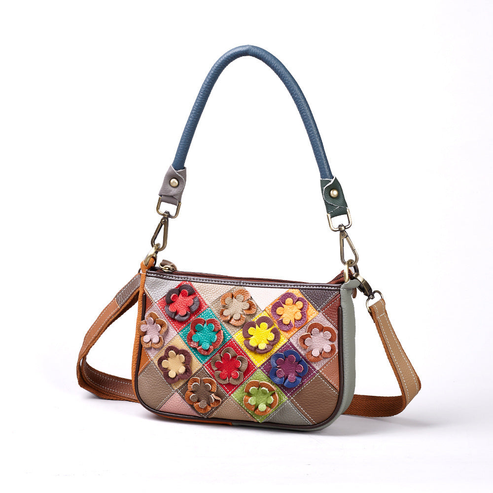 New Handmade Color Block Top Layer Cowhide Bag, Crossbody Top Handle Small Purse, Versatile Wristlet Handbag for Women