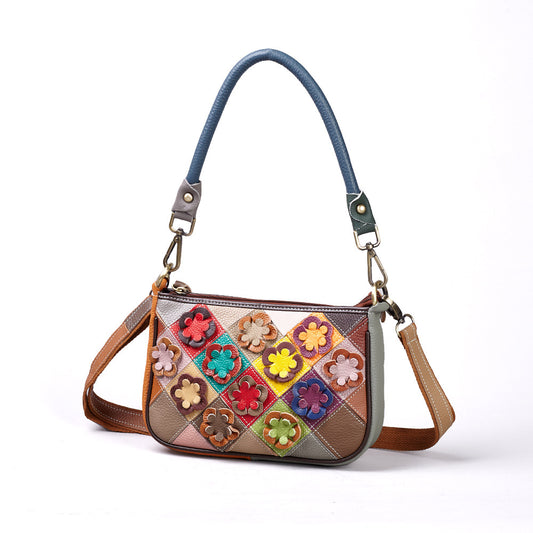 New Handmade Color Block Top Layer Cowhide Bag, Crossbody Top Handle Small Purse, Versatile Wristlet Handbag for Women