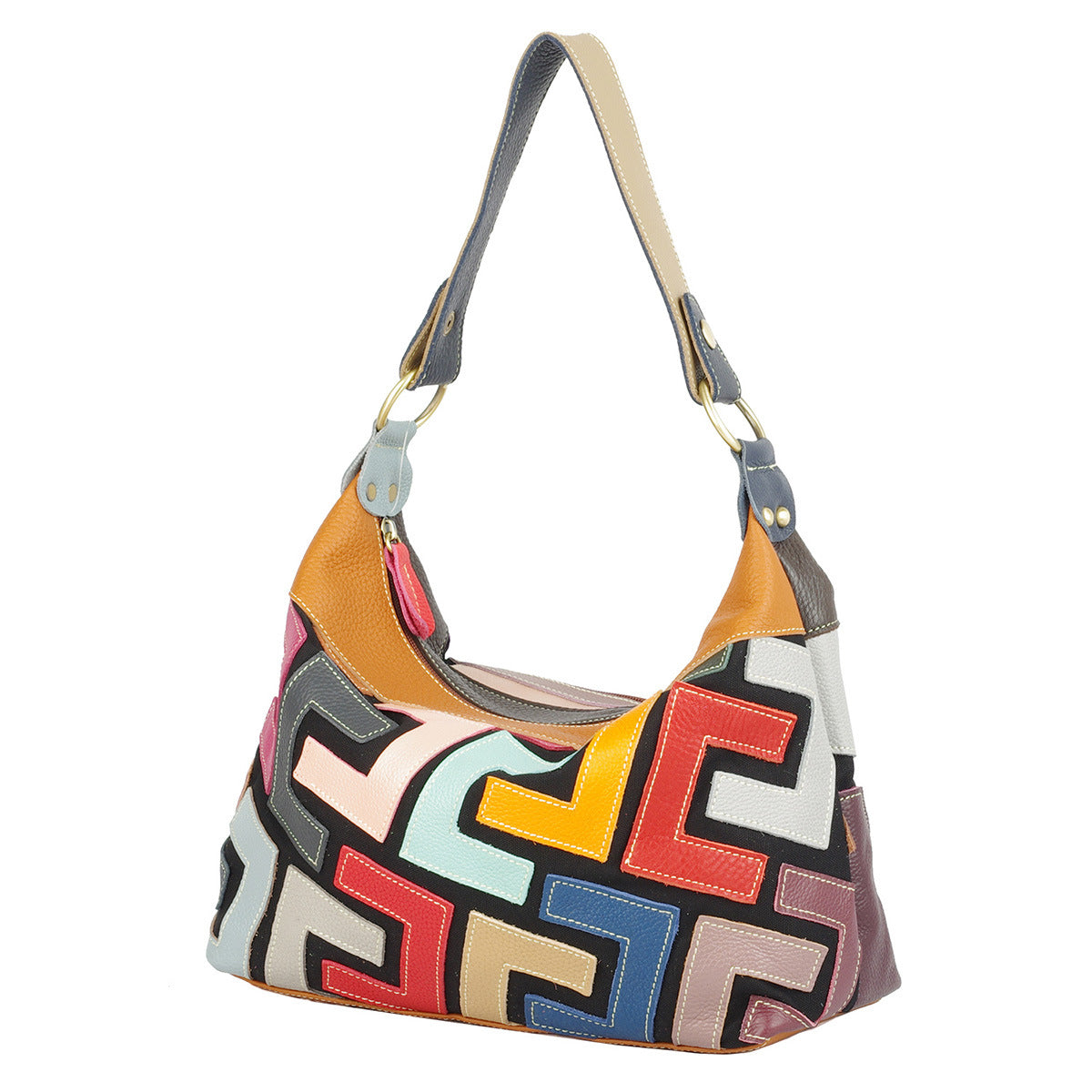 Premium Cowhide Leather Crescent Cross-Body Bag for Women | New Geometric Color-Block Pattern with Random Vibrant Contrast Design | Ethnic Bohemian Style Shoulder Purse for Everyday Chic & Travel | Unique Artistic Handbag with Trendy Statement Appeal