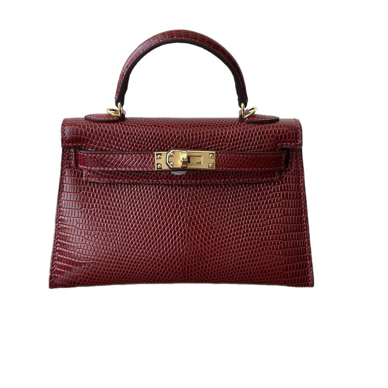 Genuine Leather Lizard-Embossed 2nd Gen Kelly-Style 19cm Bag for Women, Small Square Crossbody Shoulder Top Handle Purse, Trendy Handbag for Ladies