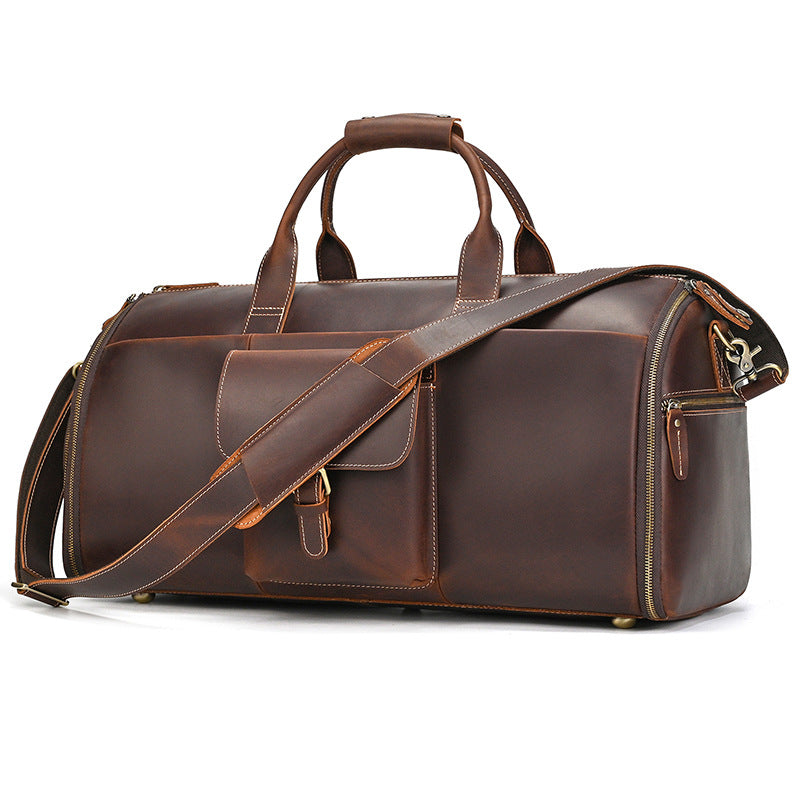 Multifunctional Crazy Horse Leather Travel Duffle, Foldable Suit Garment Bag with Wet-Dry Separation, Premium Gym Weekender for Men