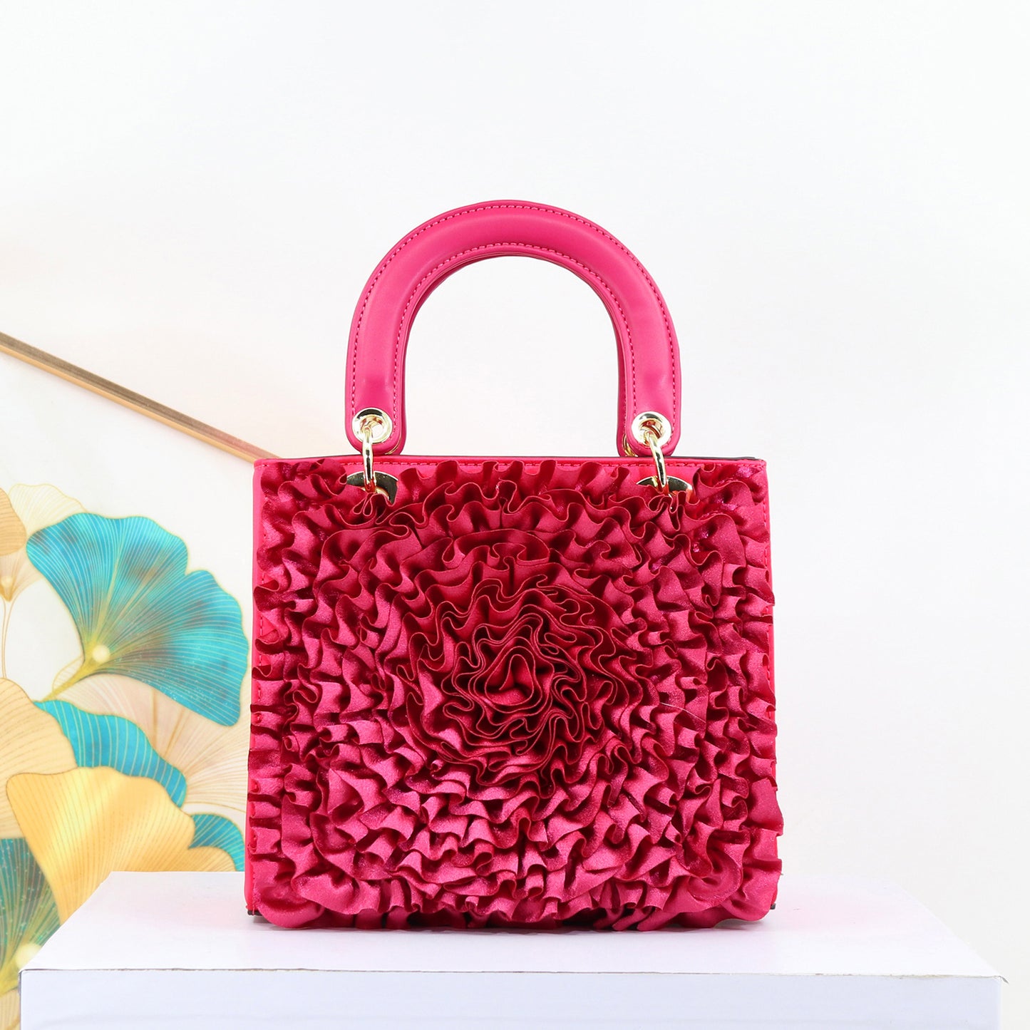 Premium Satin Ruffle Flower Diana-Style Handbag for Women, Exquisite Southeast Asian Designer Bag, High-Quality Ladies Shoulder Purse