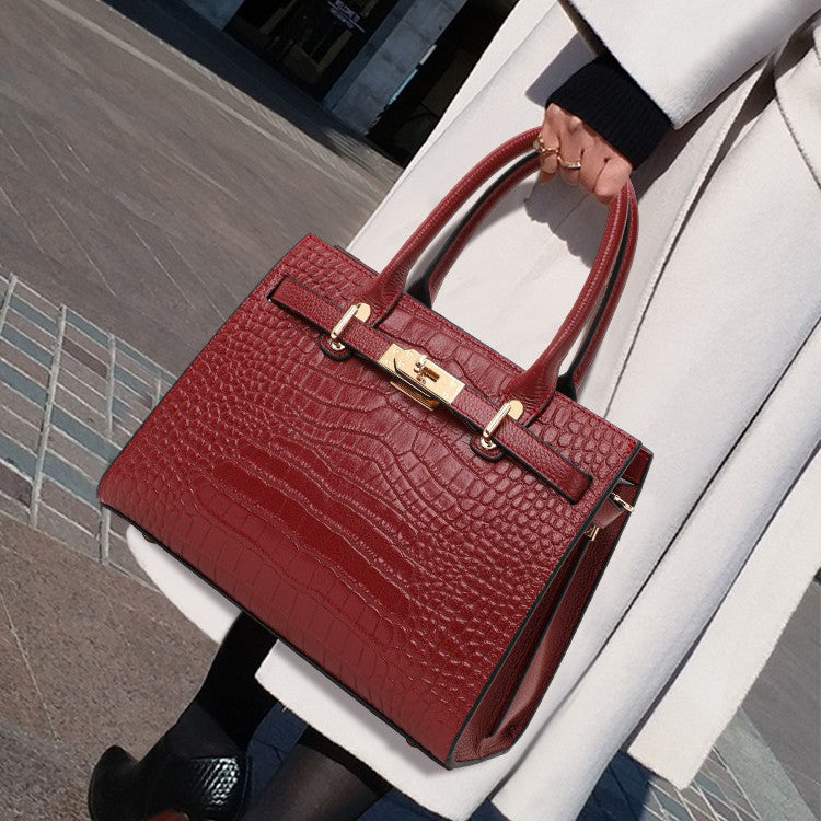 Genuine Leather Crocodile-Embossed Handbag for Women, Lock Buckle Commute Large Capacity Shoulder Crossbody Purse, Versatile Bag for Ladies