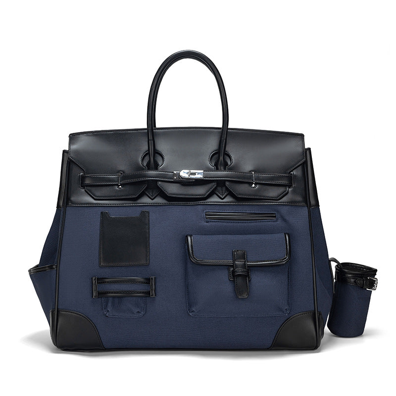 Chic Canvas & Leather Birkin-Inspired Travel Tote Bag, Vintage Light Luxury Top-Handle Handbag with Spliced Detail, Perfect for Everyday & Travel