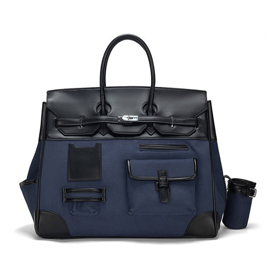 Chic Canvas & Leather Birkin-Inspired Travel Tote Bag, Vintage Light Luxury Top-Handle Handbag with Spliced Detail, Perfect for Everyday & Travel