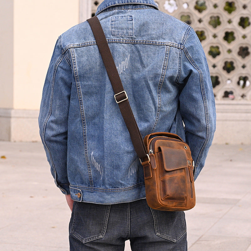 Crazy Horse Leather Small Phone Crossbody Bag, Earphone Hole Shoulder Pouch, Compact Square Travel Bag for Men