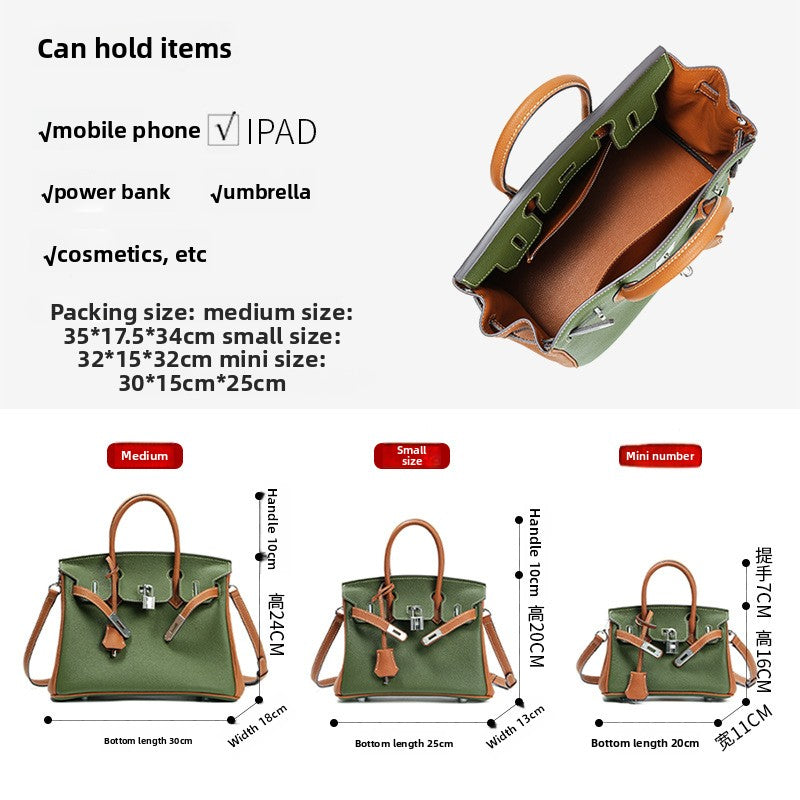 Unique Premium Genuine Leather Crossbody Tote Handbag for Women, Top-Layer Cowhide with Contrast Color Design, Versatile Commuter Bag Inspired by Iconic Turn-Lock Style