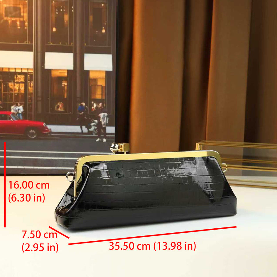 French Stone Grain Baguette Bag for Women Metal Clip Evening Shoulder Handbag, Large Capacity High-Fashion Purse with Elegant Texture