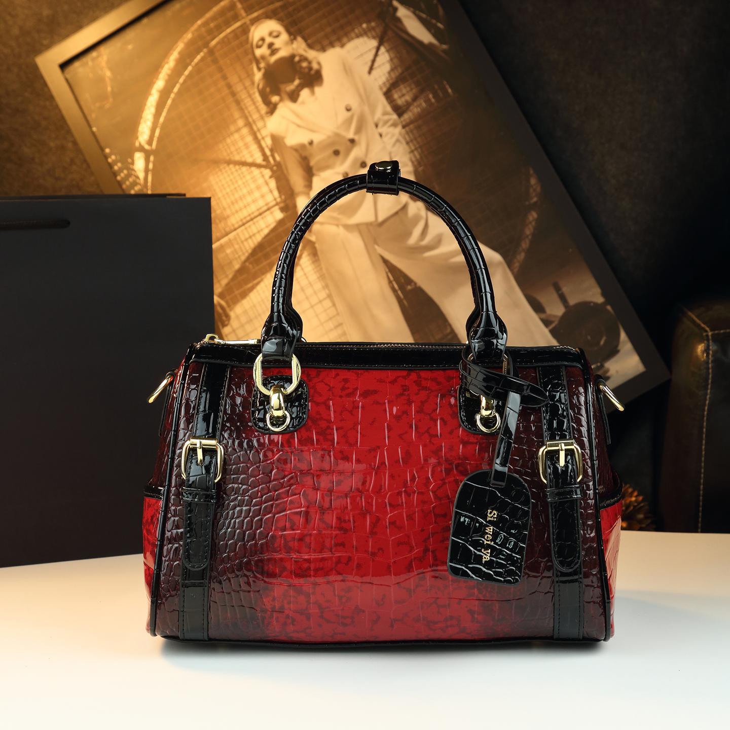 New Arrival Croc-Effect Genuine Leather Boston Pillow Bag for Women, A Large Capacity Top-Handle Handbag with Fashionable Design, Perfect for Moms