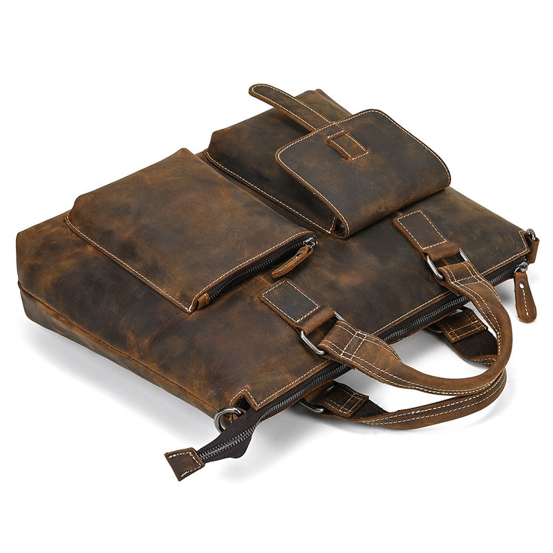 Genuine Crazy Horse Leather Business Briefcase for Men, Casual Crossbody Shoulder Top Handle Bag, Multifunctional Laptop Work Bag for Gentlemen