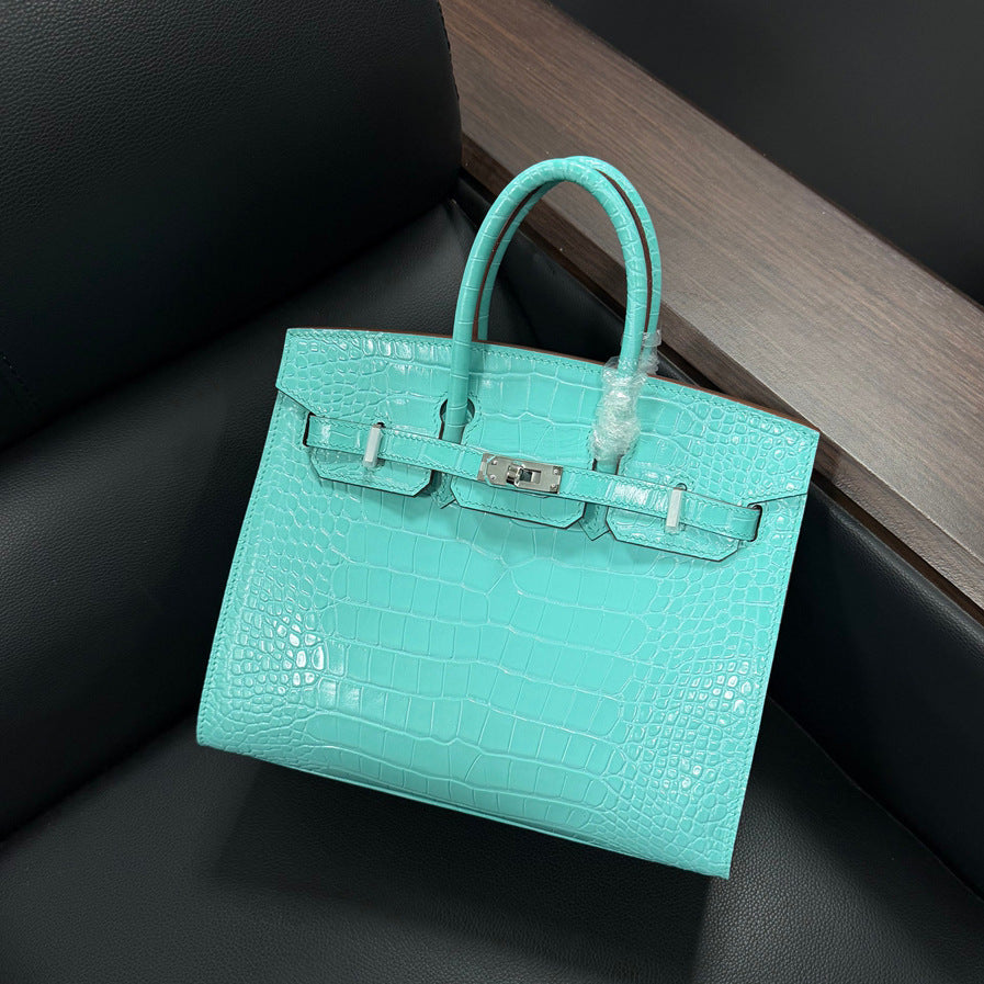 Genuine Top Layer Cowhide Crocodile-Embossed Birkin-Style 30 Bag for Women, External Stitching Hand-Stitched Waxed Thread with Steel Hardware, Burnished Edge Finish Handbag for Ladies