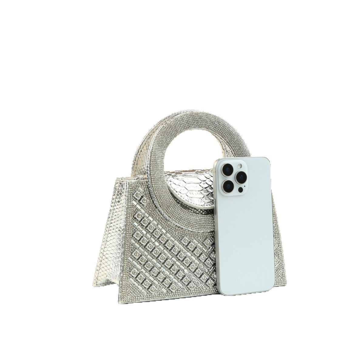V-Shape Rhinestone Mini Square Bag for Women Evening Party Shoulder Crossbody Handbag, Sparkly Purse with Statement Large Ring Handle