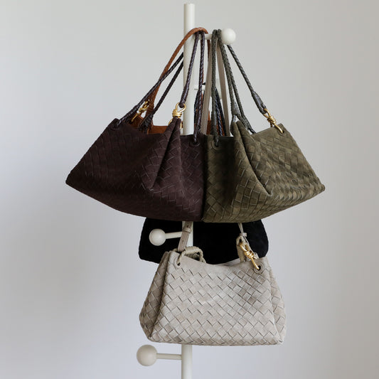 Woven Frosted Cowhide Bucket Bag for Women Fall Winter Commuter Shoulder Crossbody Handbag, Genuine Leather Purse with Soft Matte Texture