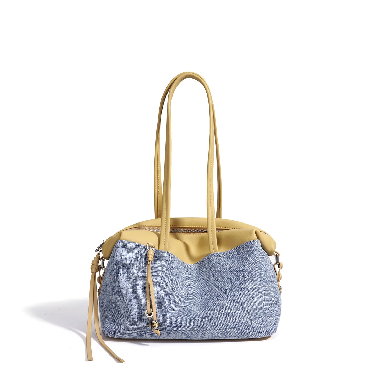 Genuine Cowhide Denim Patchwork Tote Bag for Women, New Spring Summer Vintage Large Capacity Shoulder Underarm Top Handle Handbag, Versatile Commute Purse for Ladies