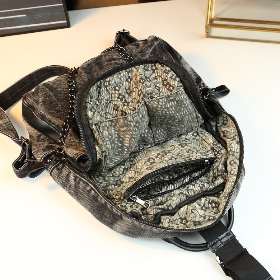 Denim Eye Chain Backpack for Women Large Capacity Casual Shoulder Handbag, Personality Trendy Purse with Edgy Hardware Accent