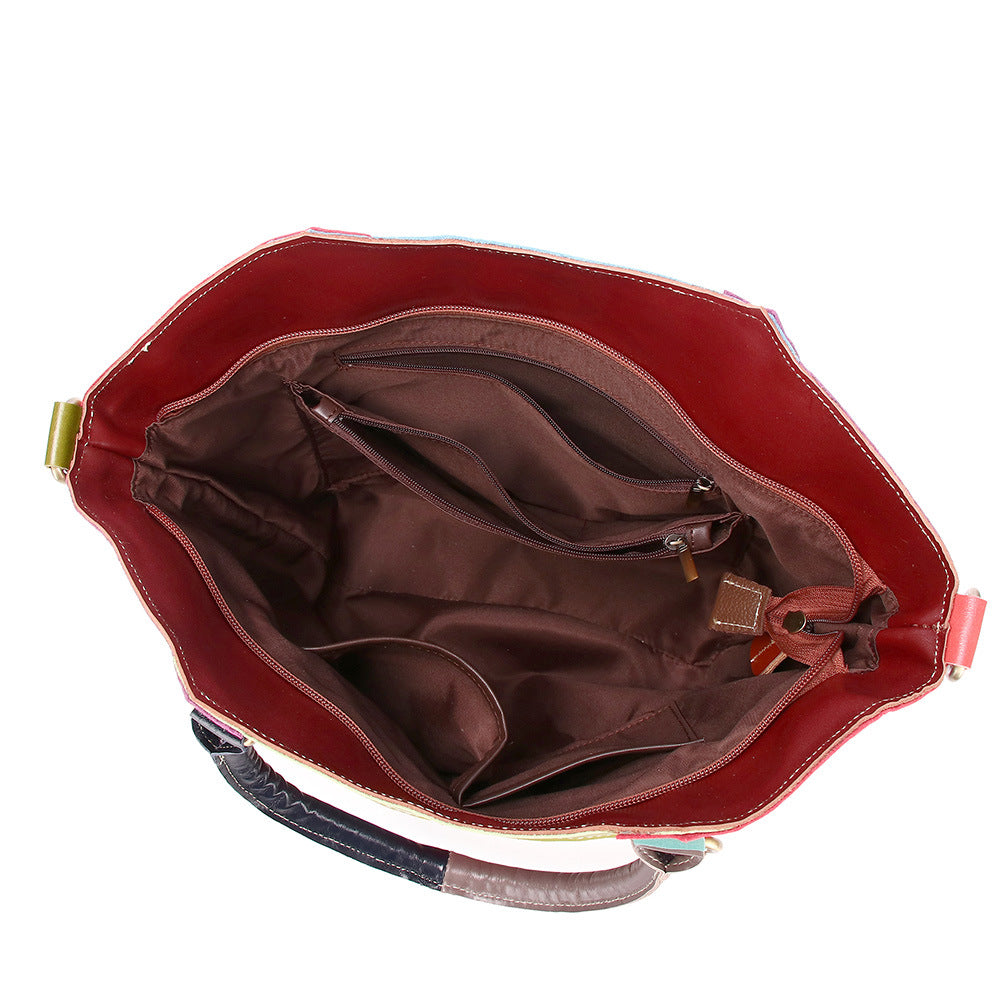 Genuine Cowhide Colorful Plaid Color Block Handbag for Women, New Top Handle Shoulder Purse, Trendy Everyday Bag for Ladies