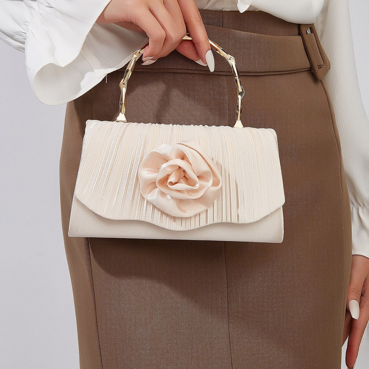 French Light Luxury Pleated Satin Evening Clutch for Women, New Floral Gold Bamboo Handle Top Handle Bag, Elegant Formal Party Purse for Ladies