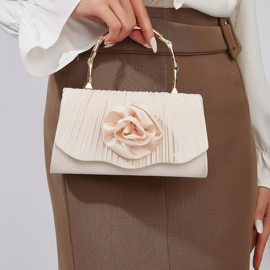 French Light Luxury Pleated Satin Evening Clutch for Women, New Floral Gold Bamboo Handle Top Handle Bag, Elegant Formal Party Purse for Ladies