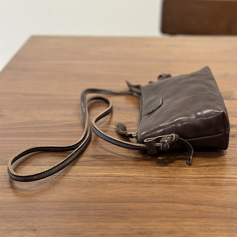 New Vintage Niche Genuine Leather Mini Phone Crossbody Bag, Textured Shoulder Purse, Versatile Commute Handbag for Women