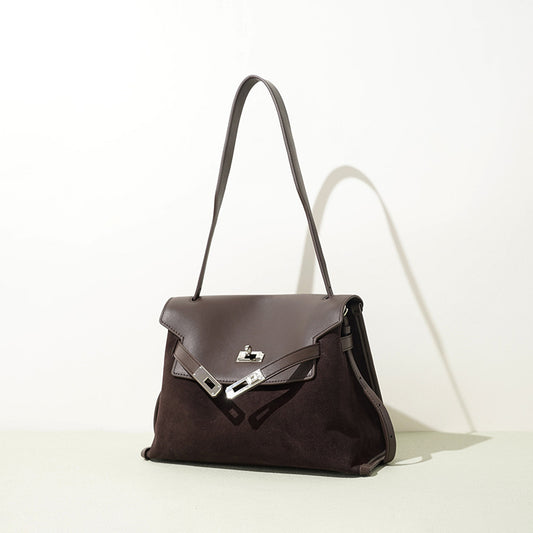 Fall Winter Vintage Suede Kelly-Style Bag, Large Capacity Crossbody Shoulder Purse, Perfect Commute Work Handbag for Women