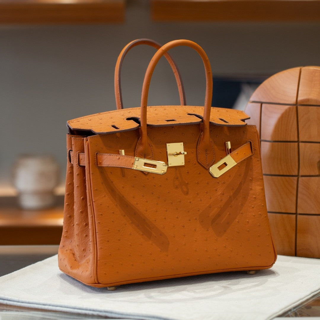 Top Layer Cowhide Ostrich-Embossed Birkin-Style Bag for Women, Large Capacity Business Casual Top Handle Handbag, Premium Leather Purse for Ladies