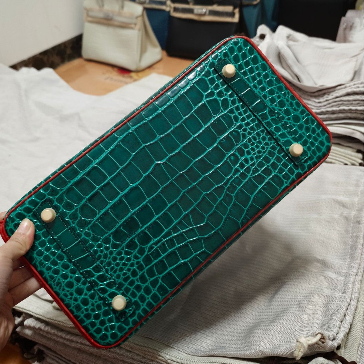 Genuine Leather High-Gloss Crocodile-Embossed Birkin-Style Bag for Women, Large Capacity Three-Color Patchwork Top Handle Purse, Premium Handbag for Ladies