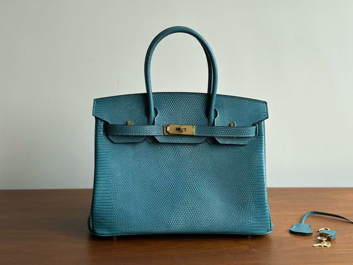 Genuine Top Layer Cowhide Lizard-Embossed Birkin 30cm Bag for Women, Hermès-Style Lock Clasp Top Handle Purse, Premium Leather Handbag for Ladies
