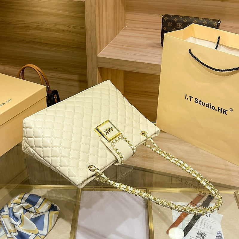 Genuine Leather Diamond Quilted Chain Tote Bag for Women, New Large Capacity Shoulder Handbag, Versatile Everyday Purse for Ladies