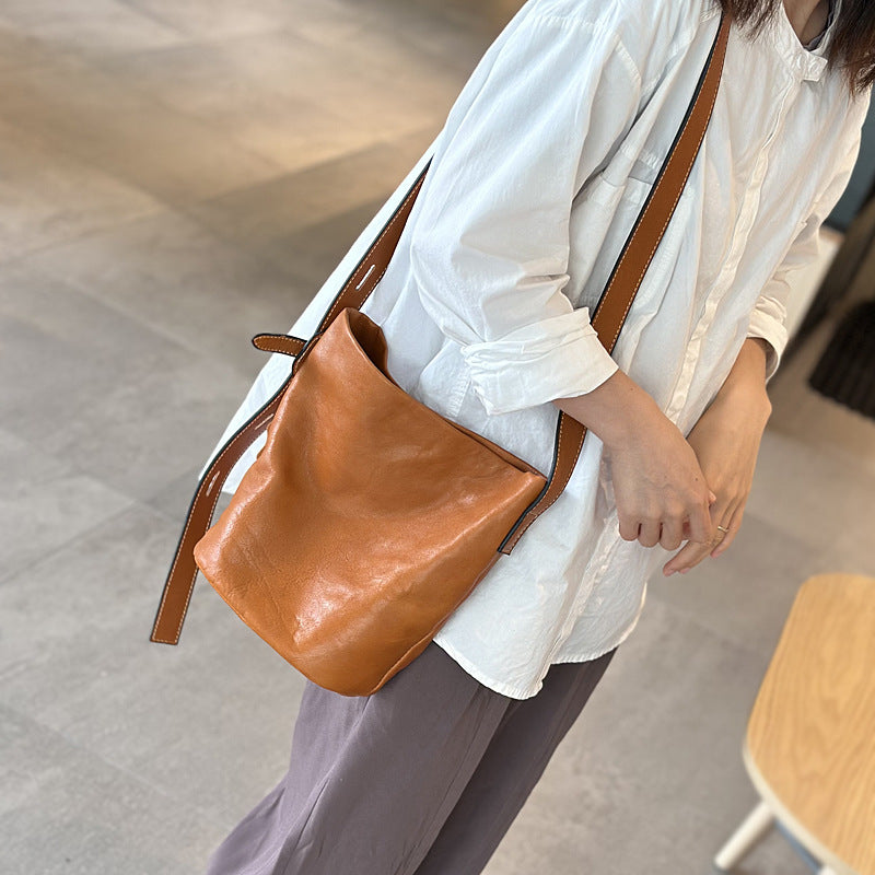 Genuine Top Layer Cowhide Bucket Bag for Women, New Korean Style Vintage Casual Shoulder Crossbody Underarm Purse, Versatile Everyday Handbag for Ladies