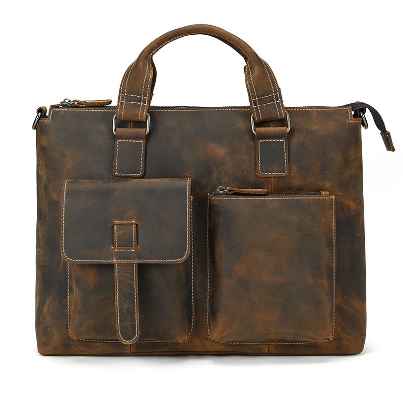 Genuine Crazy Horse Leather Business Briefcase for Men, Casual Crossbody Shoulder Top Handle Bag, Multifunctional Laptop Work Bag for Gentlemen