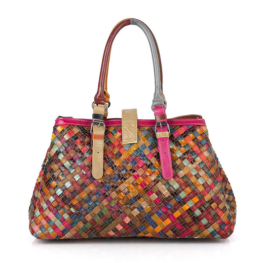 Genuine Cowhide Woven Multicolor Vintage Handbag for Women, Casual Lock Buckle Top Handle Crossbody Purse, Multi-Compartment Designer Bag for Ladies