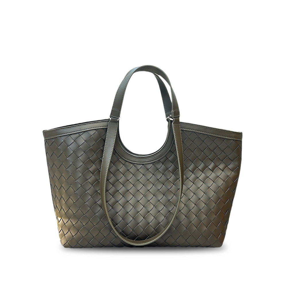 Niche Vintage Leather Woven Basket Tote, Large Shoulder & Underarm Bag for Women
