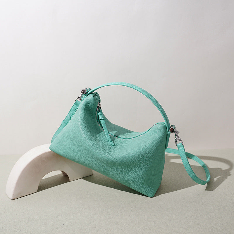 Ins Style Candy Color Genuine Leather Bag, Zipper Commute Shoulder Crossbody Purse, Versatile Premium Handbag for Women