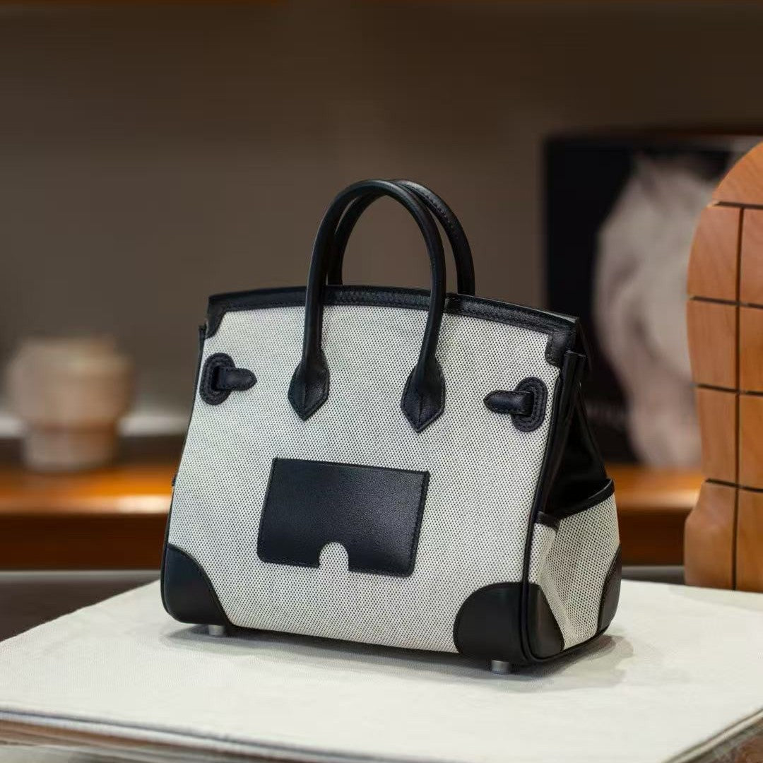 Genuine Leather and Canvas Crossbody Bag for Women, Hermès-Inspired Cargo Birkin-Style Tote Bag with Top-Grain Cowhide Leather Trim, Spacious Versatile Handbag with Top Handle and Shoulder Strap, Luxury Everyday Carry Purse
