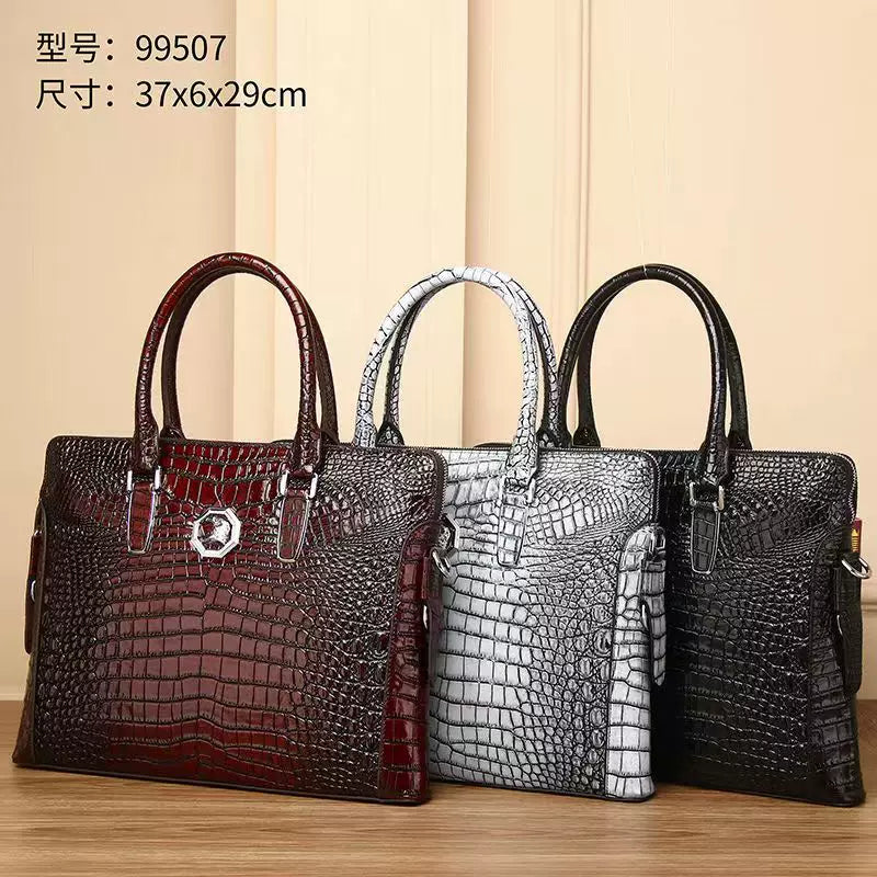 New Arrival Croc-Effect Genuine Leather Briefcase for Men, A Large Capacity Business Laptop Bag with Top Handle, Perfect for Travel & Work