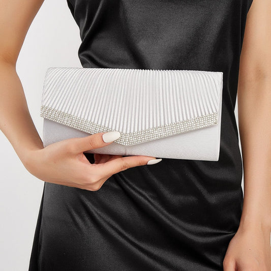 Genuine Rhinestone Pleated Evening Clutch for Women, New European Style Minimalist Versatile Handbag, Perfect Formal Party Wedding Purse for Ladies