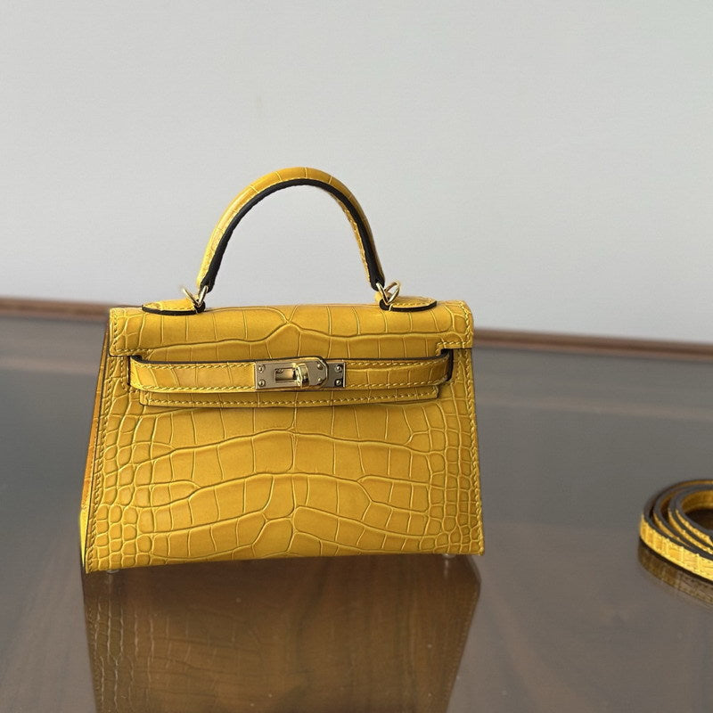 Genuine Leather High-Gloss Crocodile-Embossed Kelly-Style Bag for Women, New 2nd Gen Mini Top Handle Shoulder Purse, Premium Handbag for Ladies