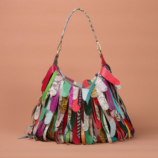 Genuine Leather Colorful Tassel Handbag for Women, Trendy Street Style Crossbody Shoulder Bag, New Patchwork Design Underarm Purse for Ladies